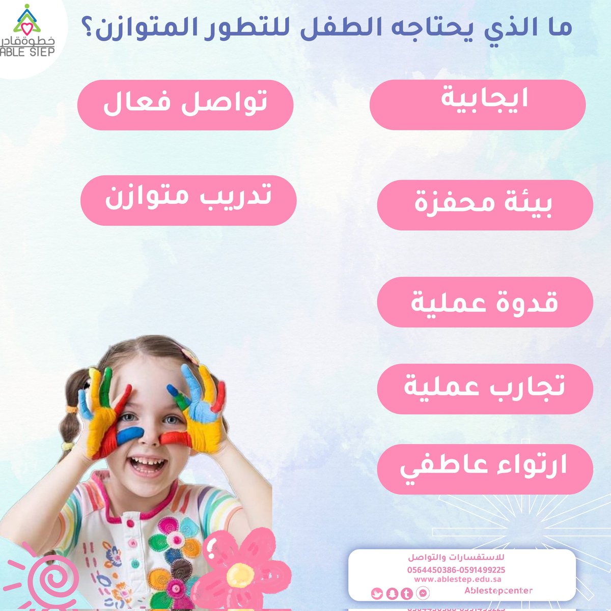ablestepcenter's tweet photo. مالذي يحتاجه الطفل للتطور المتوازن؟

 #فرط_الحركة_وتشتت_الانتباه #علاج_الأطفال #saudiarabia #تخاطب_واضطرابات_نطق #تدخل_مبكر #اكسبلور #breastcancer #دمج_ذوي_الاحتياجات_الخاصة #توحد_وفرط_الحركة #صحة_نفسية https://t.co/1AYWH0XtAO
