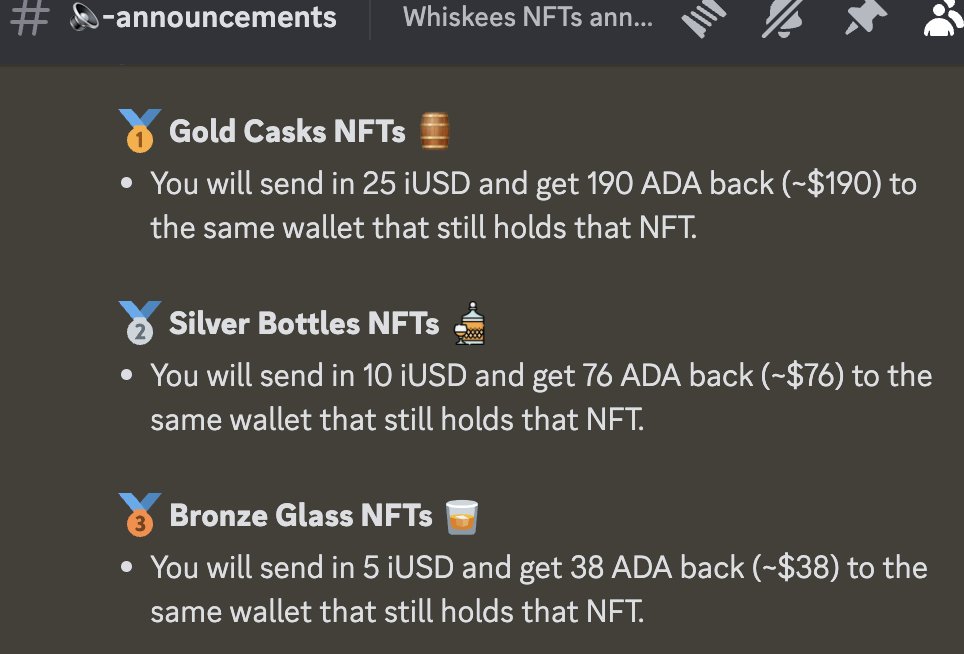 Calling all Whiskees! 🥃

If you joined our #WeHaveCasks Zealy campaign, check our latest announcement in Discord!

It’s time to return your iUSD and redeem for your ADA, now up 280%! 🚀💸

⏰You have till December 15th to claim!!!

Don't miss out! #Cardano #BullRun #FreeMoney
