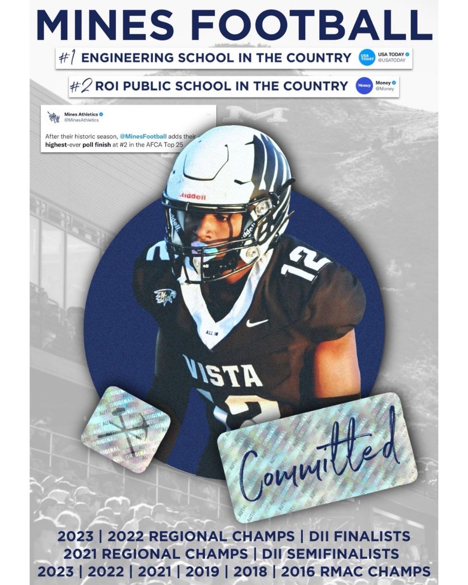Mountain Vista High School Football (@vistagridiron) on Twitter photo π CONGRATULATIONS to @mvhs_gridiron Defensive back Bryce Bailey for committing to continue his academic and athletic career at the Colorado School of Mines! ππ #ALLIN #goldeneagles #vistafootball24 #GOVISTA <a href="/mvistaathletics/">Vista Athletics</a>
<a href="/Brycebailey1208/">Bryce Bailey</a> <a href="/MinesFootball/">Mines Football</a> π CONGRATULATIONS to @mvhs_gridiron Defensive back Bryce Bailey for committing to continue his academic and athletic career at the Colorado School of Mines! ππ #ALLIN #goldeneagles #vistafootball24 #GOVISTA <a href="/mvistaathletics/">Vista Athletics</a>
<a href="/Brycebailey1208/">Bryce Bailey</a> <a href="/MinesFootball/">Mines Football</a>