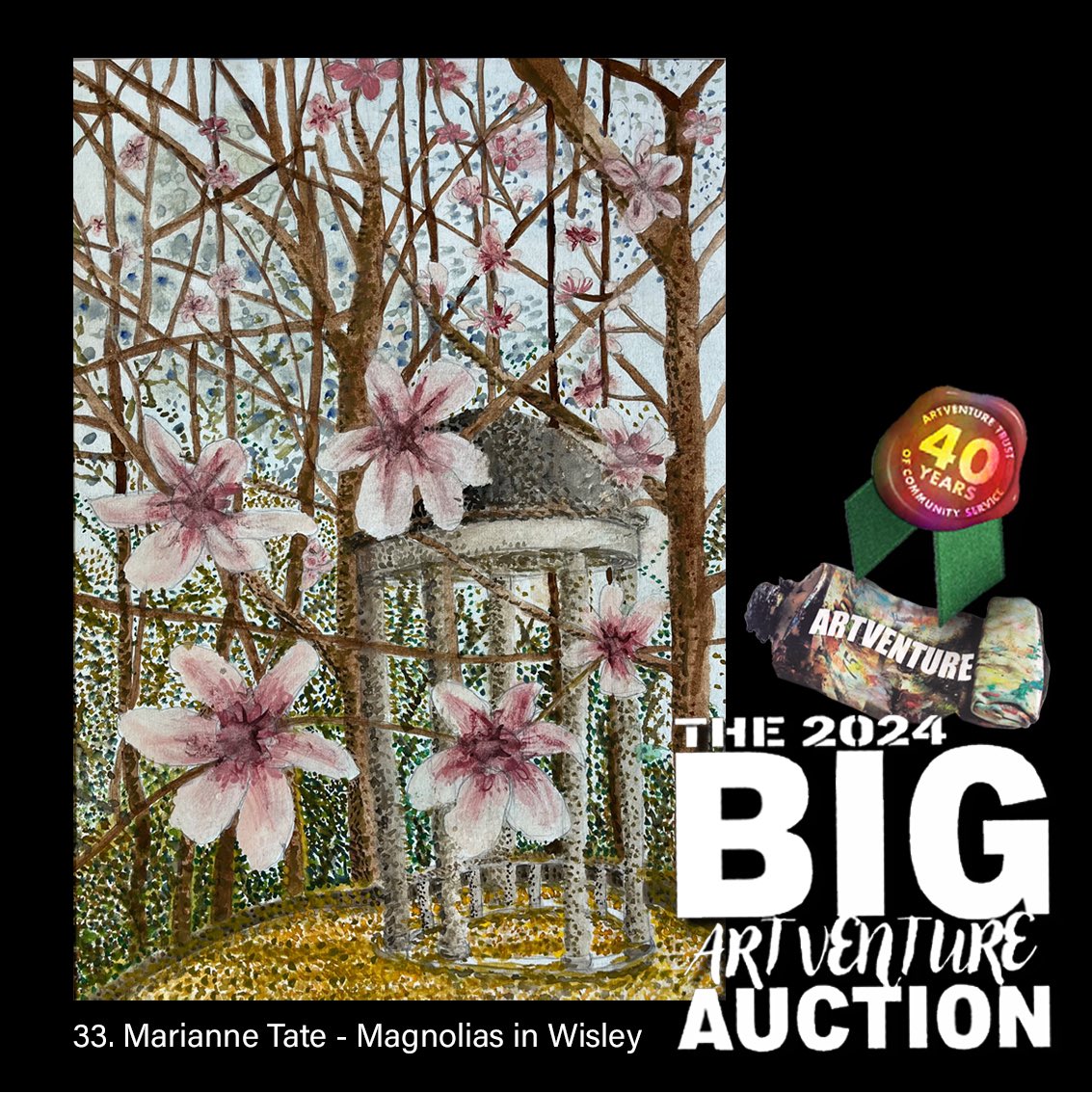 Marianne painted this watercolour after a photograph I took in Wisley Garden of the most beautiful magnolia tree I have ever seen. You can take this masterpiece home if you visit our auction site, and bid for it: bit.ly/ArtventureAuct…
Thank you for supporting us! 
#magnolias