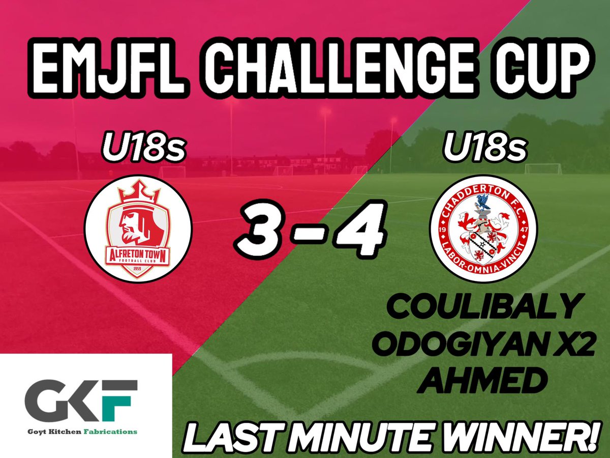 ChaddyFC_U18s's tweet photo. A last minute strike by Zain Ahmed saw @ChaddertonFC U18 edge a 7 goal thriller at @AlfretonTownFC U18 to earn a place in the next round of the Cup

Really good effort to recover after giving up a lead

⚽️⚽️ Odogiyan
⚽️ Coulibaly
⚽️ Ahmed

🅰️ Nuttall x3
🅰️ Lord

#upthechad 🔴⚪️ https://t.co/bLUcjOS00S