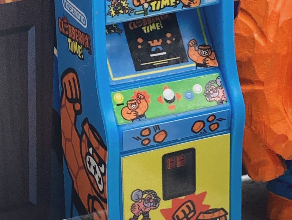 An amazing gift from my good buddy, <a href="/thebeast_isback/">Chris Lee</a>: a mini arcade of my Clobberin' Time concept! Those stickers are perfection and look at that awesome start screen! So excited to add this to my Thing collection (the Thing carving was made by my son).