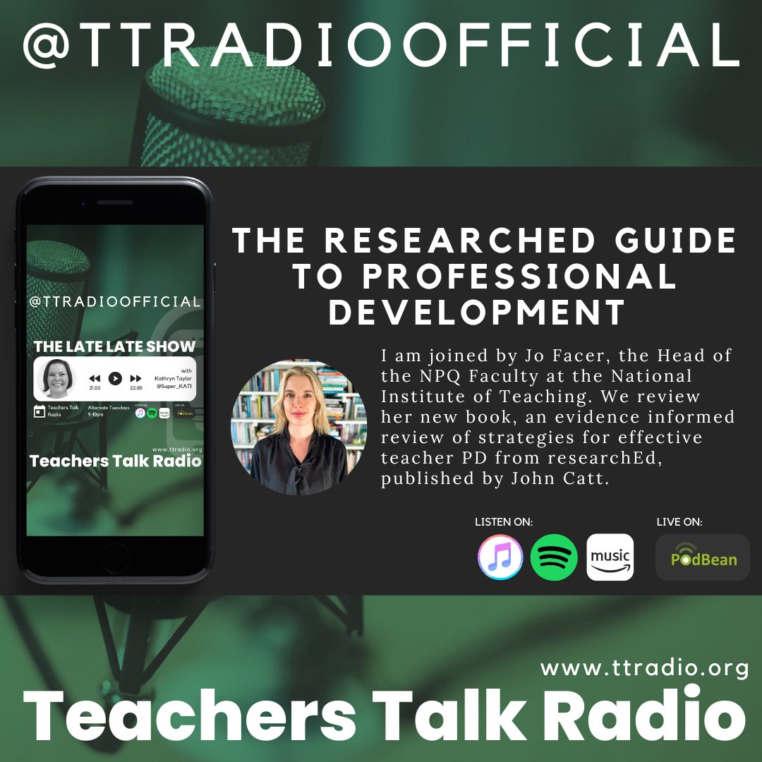 Teachers Talk Radio (@ttradioofficial) on Twitter photo Tomorrow evening! Get ready to listen to a special TTR podcast with <a href="/Super_KAT1/">Dr. Kathryn Taylor EdD FCCT</a> interviewing <a href="/jo_facer/">Jo Facer</a> about the <a href="/researchED1/">researchED</a> guide to professional development - released tomorrow evening at 7.30pm on all podcast platforms :) <a href="/JohnCattEd/">John Catt Educational from Hachette Learning</a> Tomorrow evening! Get ready to listen to a special TTR podcast with <a href="/Super_KAT1/">Dr. Kathryn Taylor EdD FCCT</a> interviewing <a href="/jo_facer/">Jo Facer</a> about the <a href="/researchED1/">researchED</a> guide to professional development - released tomorrow evening at 7.30pm on all podcast platforms :) <a href="/JohnCattEd/">John Catt Educational from Hachette Learning</a>