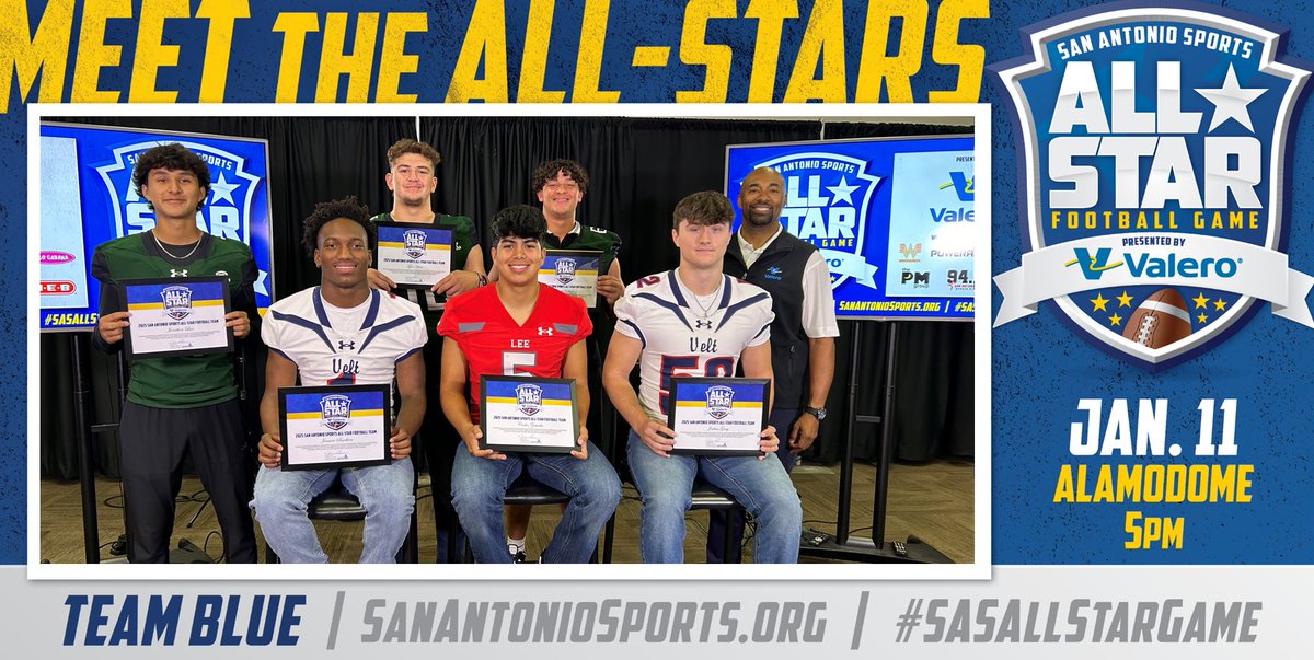 San Antonio Sports (@sa_sports) on Twitter photo Congrats to <a href="/TRRoughRiderFB/">Roosevelt Rough Riders</a> @jamaresmothers & @ joshgray07; <a href="/LEEVolsFootball/">LEE Vols Football</a> Carlos Zertuche; <a href="/SAReaganFball/">Reagan Football</a> @leosjonathon, @tyler_H_2025 & @j1collazo who were chosen for the #SASAllStarGame pres. by @valeroenergy! Meet them tonight on @news4sa Sports Sunday at 11 PM. Congrats to <a href="/TRRoughRiderFB/">Roosevelt Rough Riders</a> @jamaresmothers & @ joshgray07; <a href="/LEEVolsFootball/">LEE Vols Football</a> Carlos Zertuche; <a href="/SAReaganFball/">Reagan Football</a> @leosjonathon, @tyler_H_2025 & @j1collazo who were chosen for the #SASAllStarGame pres. by @valeroenergy! Meet them tonight on @news4sa Sports Sunday at 11 PM.