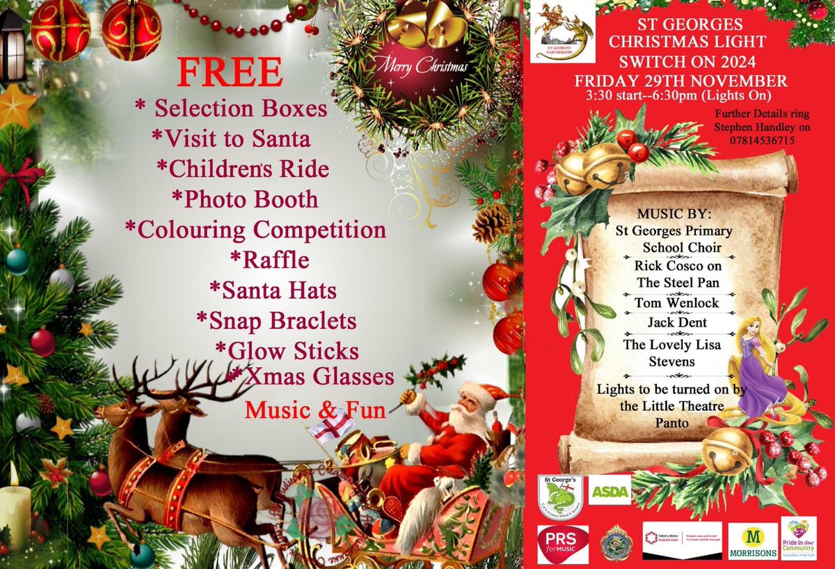This Friday in Church Street, St Georges. Great free entertainment, food, free children’s ride, Santa’s Grotto with free selection box, free Photo Booth and some great free items being given a  way,  glowing wands, bracelets and glasses.