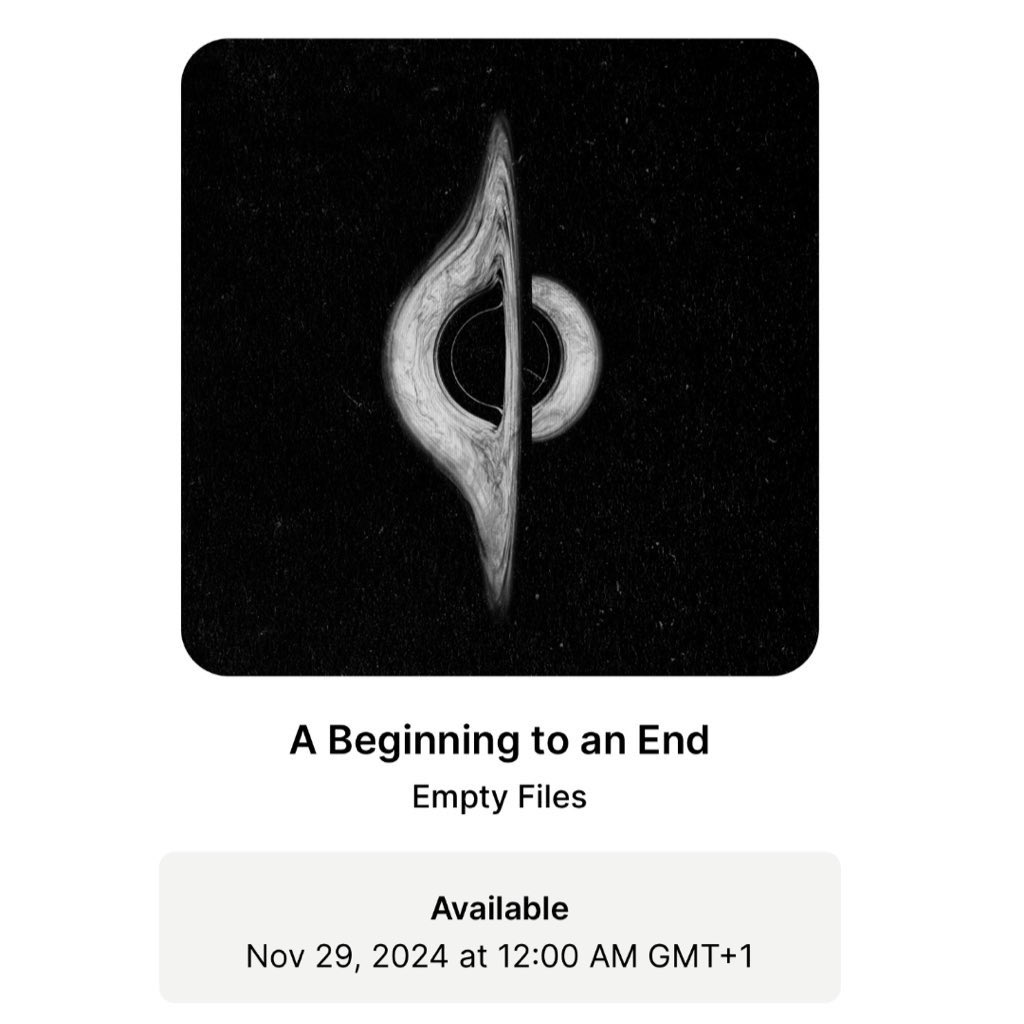 empty_files's tweet photo. A BEGINNING TO AN END
Our new album will be available on all streaming platforms next Friday, November 29
Pre-save now on Spotify
https://t.co/5WYczVBfk5
#emptyfiles #ABeginningToAnEnd #NewAlbum https://t.co/DNtbNUCmaW