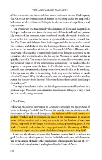 HOAAffairs's tweet photo. Ian Campbell’s The Addis Ababa Massacre vividly documents the horrors of February 1937, when Italian forces specifically targeted the Amhara people in a calculated campaign of ethnic cleansing. The massacre was not a random act of violence but a deliberate policy aimed at decimating the Amhara population and undermining their central role in Ethiopia’s cultural and political identity. This atrocity serves as a chilling reminder of how external aggressors once sought to erase a key pillar of Ethiopia’s heritage through bloodshed and terror.

Fast forward to today, and the destruction of Addis Ababa under Prime Minister Abiy Ahmed’s regime echoes that same sinister intent. The systematic displacement of Amharas, the decimation of historic neighborhoods, and the erasure of Addis Ababa’s heritage are not isolated incidents but a continuation of policies aimed at eroding the Amhara identity and legacy. Just as the Italians sought to dismantle the core of Ethiopian resistance by targeting the Amhara people, Abiy’s brutal regime is displacing, silencing, and destroying the very essence of what Addis Ababa represents. History is repeating itself in a tragic and insidious way, and we must call it out for what it is: a relentless campaign of erasure. #AmharaGenocide #AddisAbabaMassacre #JusticeForAmhara 

@ShebaPushStart @jeffpropulsion @AmesganawM @NeaminZeleke