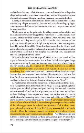 HOAAffairs's tweet photo. Ian Campbell’s The Addis Ababa Massacre vividly documents the horrors of February 1937, when Italian forces specifically targeted the Amhara people in a calculated campaign of ethnic cleansing. The massacre was not a random act of violence but a deliberate policy aimed at decimating the Amhara population and undermining their central role in Ethiopia’s cultural and political identity. This atrocity serves as a chilling reminder of how external aggressors once sought to erase a key pillar of Ethiopia’s heritage through bloodshed and terror.

Fast forward to today, and the destruction of Addis Ababa under Prime Minister Abiy Ahmed’s regime echoes that same sinister intent. The systematic displacement of Amharas, the decimation of historic neighborhoods, and the erasure of Addis Ababa’s heritage are not isolated incidents but a continuation of policies aimed at eroding the Amhara identity and legacy. Just as the Italians sought to dismantle the core of Ethiopian resistance by targeting the Amhara people, Abiy’s brutal regime is displacing, silencing, and destroying the very essence of what Addis Ababa represents. History is repeating itself in a tragic and insidious way, and we must call it out for what it is: a relentless campaign of erasure. #AmharaGenocide #AddisAbabaMassacre #JusticeForAmhara 

@ShebaPushStart @jeffpropulsion @AmesganawM @NeaminZeleke