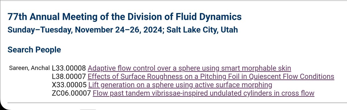 AnchalSareen4's tweet image. #DFD2024 Check out the line-up of interesting talks at APS DFD 2024 from the Experimental Fluid Dynamics lab at U-M. We will present on flow control using smart morphable skin, and roughness effects on pitching foils.