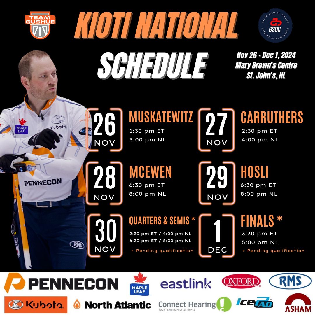 Team Gushue (@teamgushue) on Twitter photo Curling is back on the rock and we couldn't be more excited!
Here is our schedule for the <a href="/grandslamcurl/">Grand Slam of Curling</a> Kioti National.
All games will be live streamed (for free!) on <a href="/watchhometeam/">HomeTeam Network</a> app.hometeamlive.com/#/home/events/… and <a href="/Sportsnet/">Sportsnet</a> TV Coverage starts on Thursday.
See everybody soon! 🧡 Curling is back on the rock and we couldn't be more excited!
Here is our schedule for the <a href="/grandslamcurl/">Grand Slam of Curling</a> Kioti National.
All games will be live streamed (for free!) on <a href="/watchhometeam/">HomeTeam Network</a> app.hometeamlive.com/#/home/events/… and <a href="/Sportsnet/">Sportsnet</a> TV Coverage starts on Thursday.
See everybody soon! 🧡