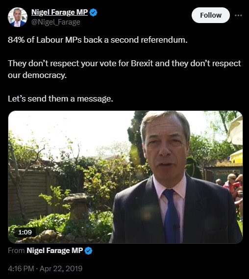 Adam Schwarz (@adamjschwarz) on Twitter photo Rejected a second referendum after three years.
Demands a second election after five months.
<a href="/Nigel_Farage/">Nigel Farage MP</a> only "respects" democracy when it's convenient for himself. Rejected a second referendum after three years.
Demands a second election after five months.
<a href="/Nigel_Farage/">Nigel Farage MP</a> only "respects" democracy when it's convenient for himself.