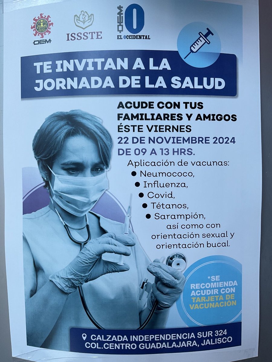 IsssteJalisco's tweet photo. 💉 #IsssteJalisco acercó la vacunación a trabajadores del periódico El Occidental.
Personal de enfermería de #IsssteJalisco, como parte del programa nacional de promoción de vacunación #PROVAC, para esta temporada invernal.
#SaludParaTodos #PrevenciónEsSalud #VacunaciónISSSTE https://t.co/SRZsF0hdul