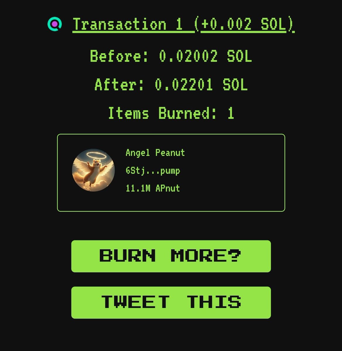 apnutsolana's tweet photo. Angel Peanut just burned another 1.111% of the supply. 💫

3.333% in total. 🔥

Ascend little critter! Ascend!
$APNUT

https://t.co/0qrP4cDg6j https://t.co/hhqWFT0CGb