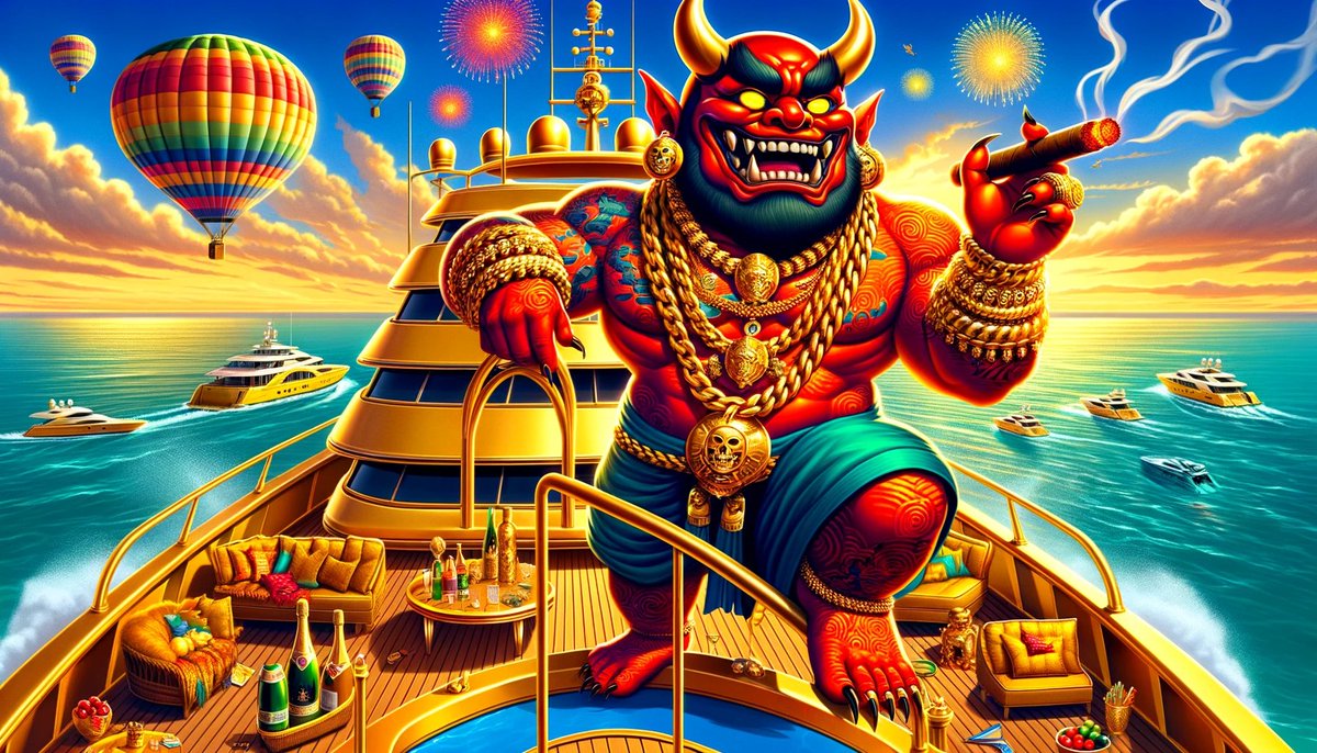 👹 The Japanese Devil is living it up, partying on the yacht! 🛥️🎉

Sipping victory while the bull run brews on the horizon. 🐂🔥 

Get ready, legends -green waves are coming for #onietoken! 

 #meme #sol #solana