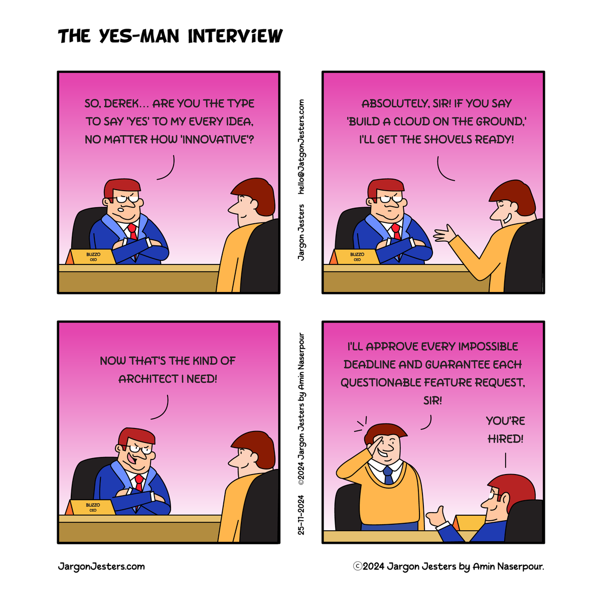 jargonjesters's tweet photo. When Blizzo found a solution architect who’d say yes to everything—including the impossible—he knew he’d struck gold... or maybe just a glitch. 

👉Follow @jargonjesters for daily memes and jokes about workplace!

#jargonjesters #workplacememe #workplacecomic #officememe #Hiring https://t.co/wvxUFsteYQ