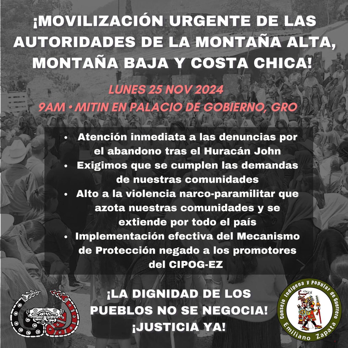 MOVILIZACIÓN URGENTE DE LAS AUTORIDADES DE LA MONTAÑA ALTA, MONTAÑA BAJA Y COSTA CHICA

Lunes 25 de noviembre 2024
9 am Mitin en Palacio de gobierno, Guerrero

wp.me/p8qHTQ-2Pq