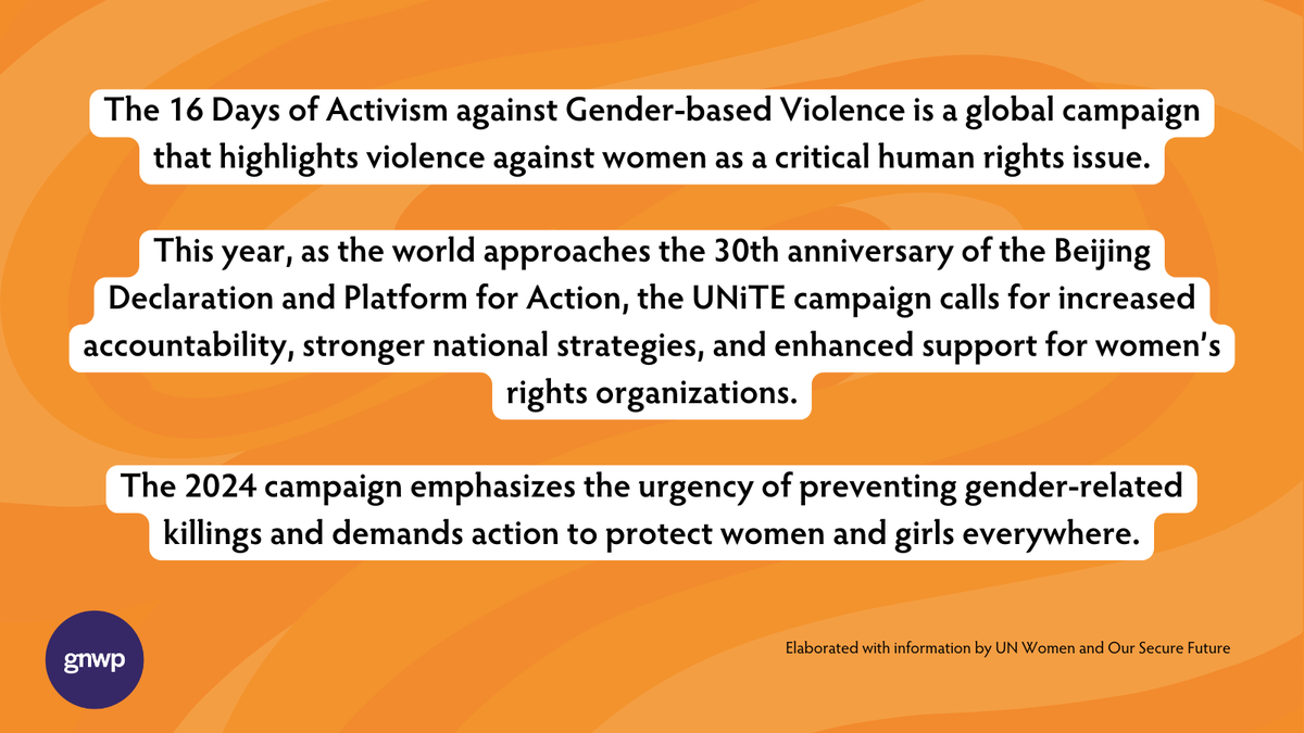 gnwp_gnwp's tweet photo. During the #16Days of Activism Against #GBV, join GNWP🟣 in amplifying📣 the #WPS agenda as a key tool to eliminate🚫 all forms of violence against women + young women peacebuilders &amp; #HRDs

‼️On Day 1⃣, learn more about this year's theme #NoExcuse &amp; how it relates to #WPS https://t.co/Jfa8LNTeEF
