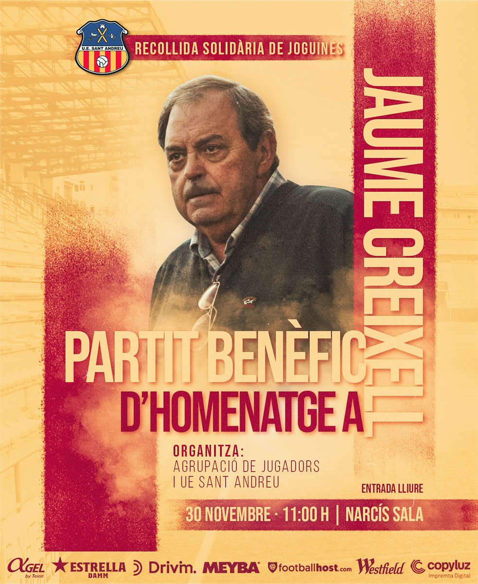 ‼️ L'<a href="/aj_uesa/">Agrupació Jugadors UE. Sant Andreu</a> organitza dissabte a les 11h un partit benèfic d'homenatge a Jaume Creixell, l'entrenador que ha dirigit més vegades el Sant Andreu.

🪁 L'accés serà de franc i es farà una recollida solidària de joguines. Us hi esperem!

ℹ️ Més informació: bit.ly/3CHuym9