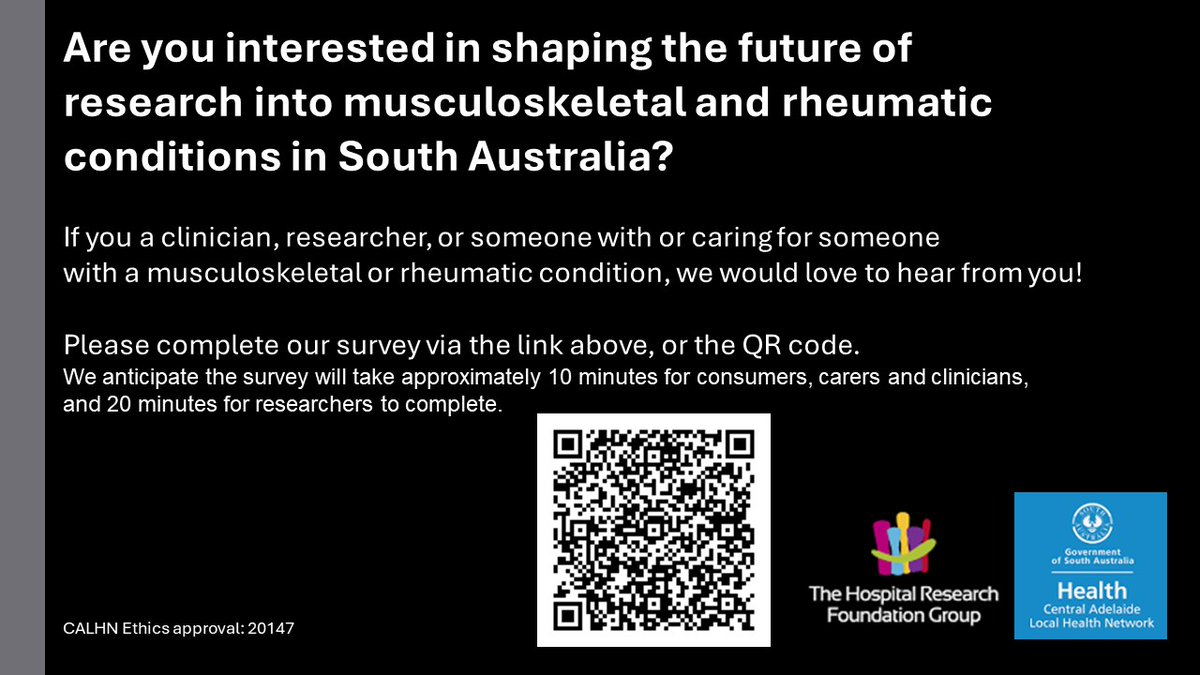 THRFGArthritis's tweet photo. Are you interested in shaping the future of research into musculoskeletal and rheumatic conditions in South Australia? Please complete our survey https://t.co/YfwwZEOOv9
CALHN Ethics approval:  20147. https://t.co/kkfe3B1MAD