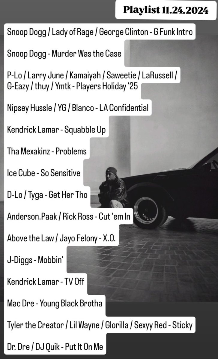 ๐ง Danny Salas๐ (@ruthlessradio) on Twitter photo OF COURSE I was gonna drop some new <a href="/kendricklamar/">Kendrick Lamar</a>...
And new <a href="/icecube/">Ice Cube</a>...
And new <a href="/jdiggsthizz/">DIGGSDOITMOVIN</a>...
And new <a href="/p_lo/">P-Lo</a> <a href="/Saweetie/">๐</a>
<a href="/LarryJuneTFM/">GOOD JOB LARRY ๐</a> <a href="/G_Eazy/">G-Eazy</a>...
Thanks for riding with me for another Sunday night! ๐๐ผ
#WestCoastEveryday <a href="/Q971radio/">Q97.1 Radio</a> OF COURSE I was gonna drop some new <a href="/kendricklamar/">Kendrick Lamar</a>...
And new <a href="/icecube/">Ice Cube</a>...
And new <a href="/jdiggsthizz/">DIGGSDOITMOVIN</a>...
And new <a href="/p_lo/">P-Lo</a> <a href="/Saweetie/">๐</a>
<a href="/LarryJuneTFM/">GOOD JOB LARRY ๐</a> <a href="/G_Eazy/">G-Eazy</a>...
Thanks for riding with me for another Sunday night! ๐๐ผ
#WestCoastEveryday <a href="/Q971radio/">Q97.1 Radio</a>