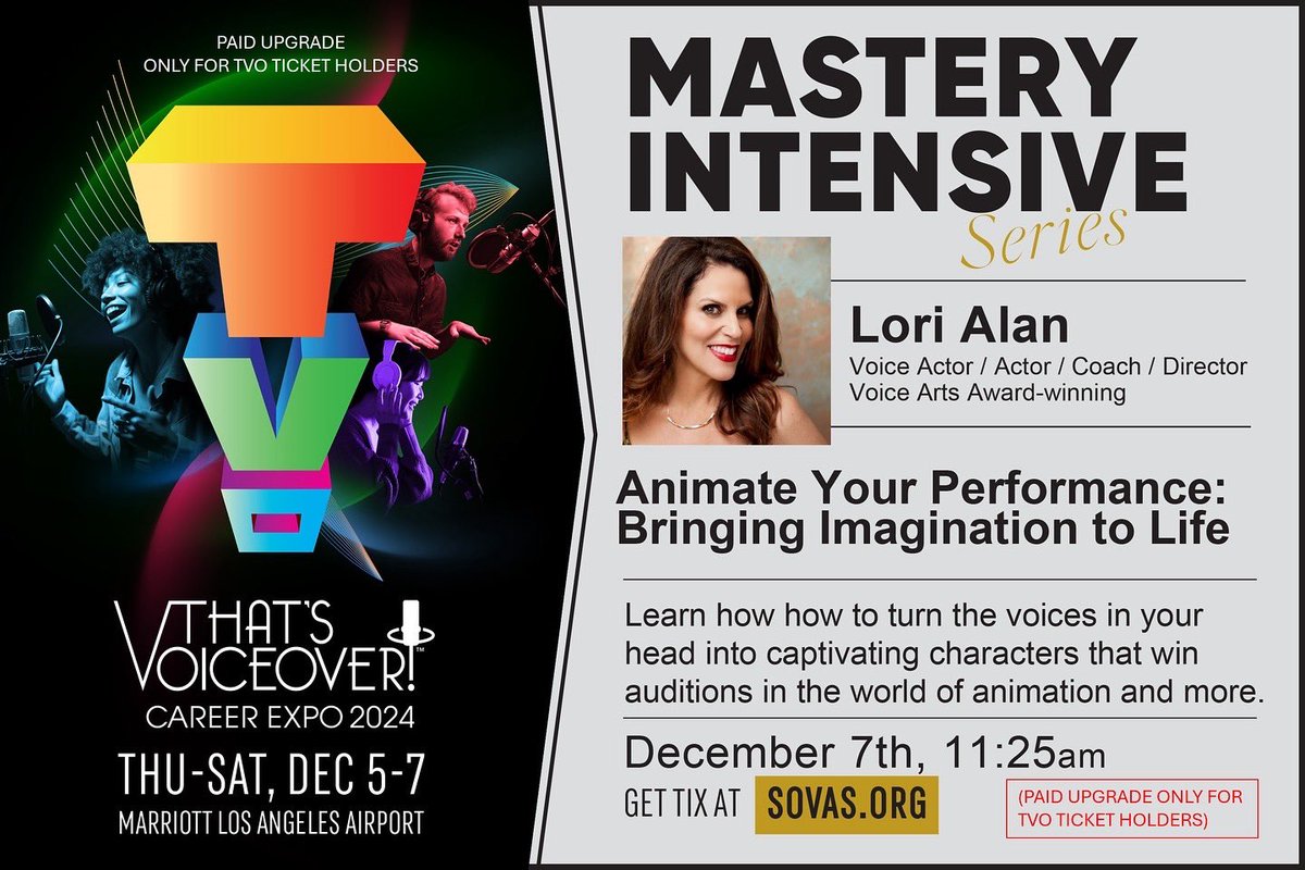Got your ticket for That’s Voiceover!™ Career Expo? Join me there as one of the inaugural instructors for the all-new Mastery Intensive Series™  from SOVAS™  <a href="/SovasVoice/">Society of Voice Art</a> for just $99. Ck the full TVO schedule for all the details: sovas.org/tvo-schedule-2…. Hope to see you there!