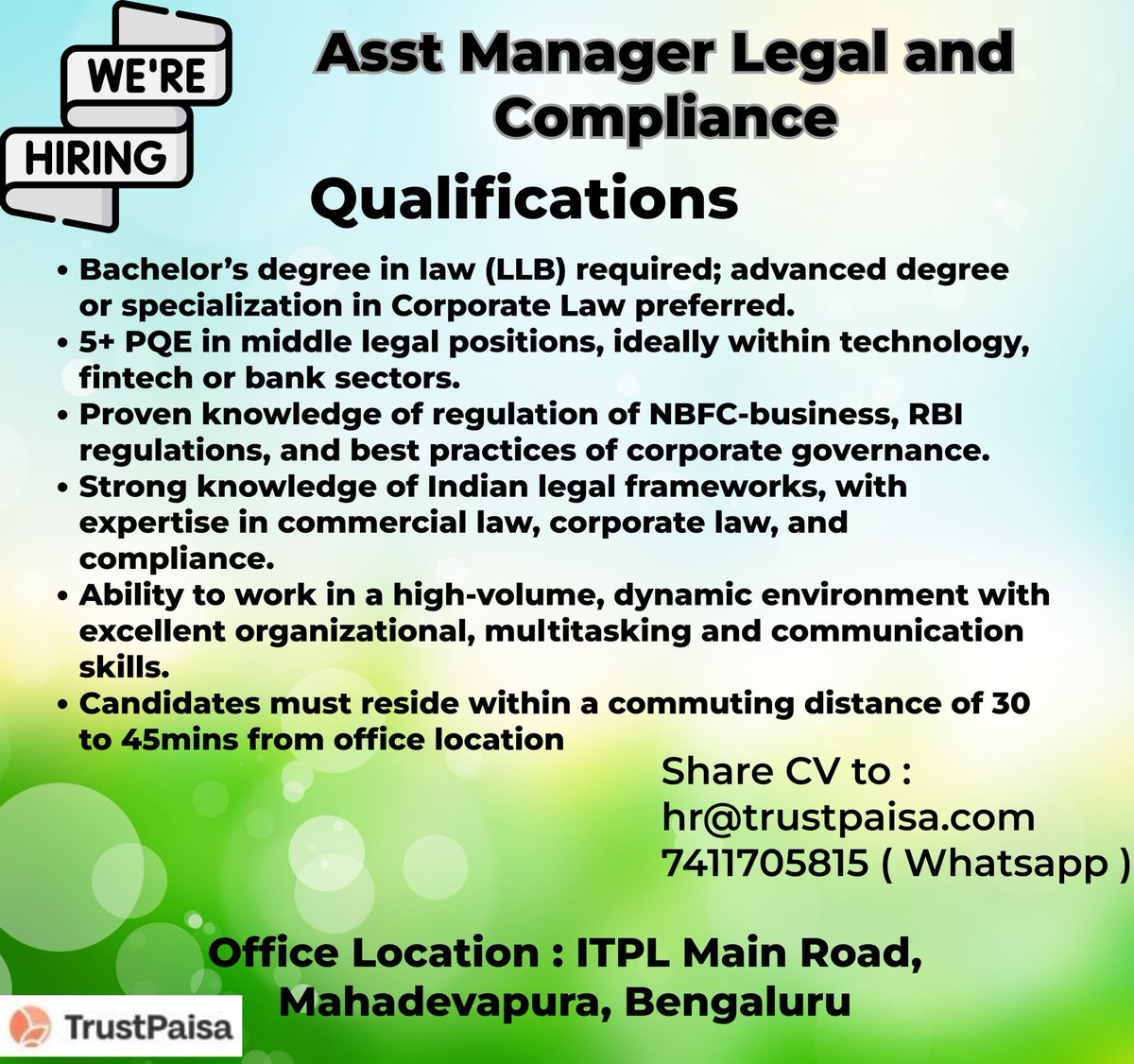 TrustPaisa's tweet photo. https://t.co/KjXozrA4J6
#asstmanager-legal #legal #complaince #digitallending #onlinelending #fintechlending #fintech #lending #trustpaisa #trust #paisa #india #fingular https://t.co/8R0Ri1LcIr