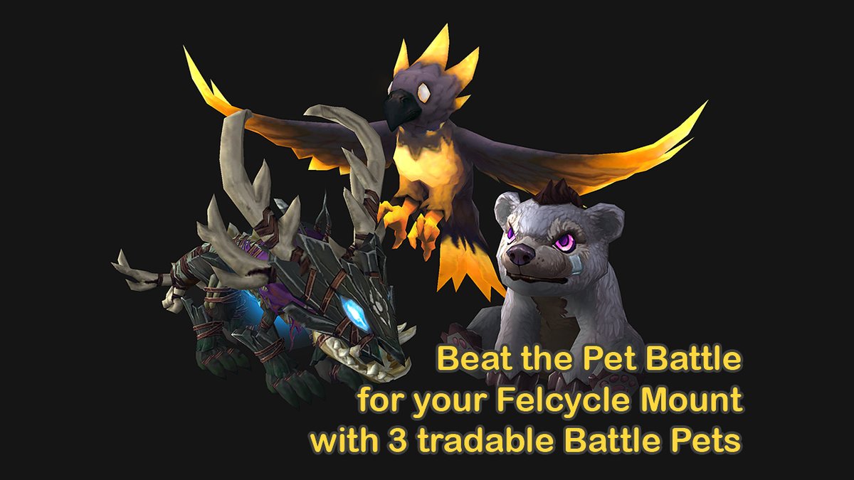 patf0rd's tweet photo. Made a team &amp; strategy with 3 cageable battle pets for your Felcycle Jeremy Feasel pet battle:

Wicker Pup, Phoenix Wishwing, and Snowclaw Cub
https://t.co/LqruucgLJ7

Ask your friends to help with the pets! Good luck! (~90% win rate) #Warcraft https://t.co/dt6Ux9DTzs
