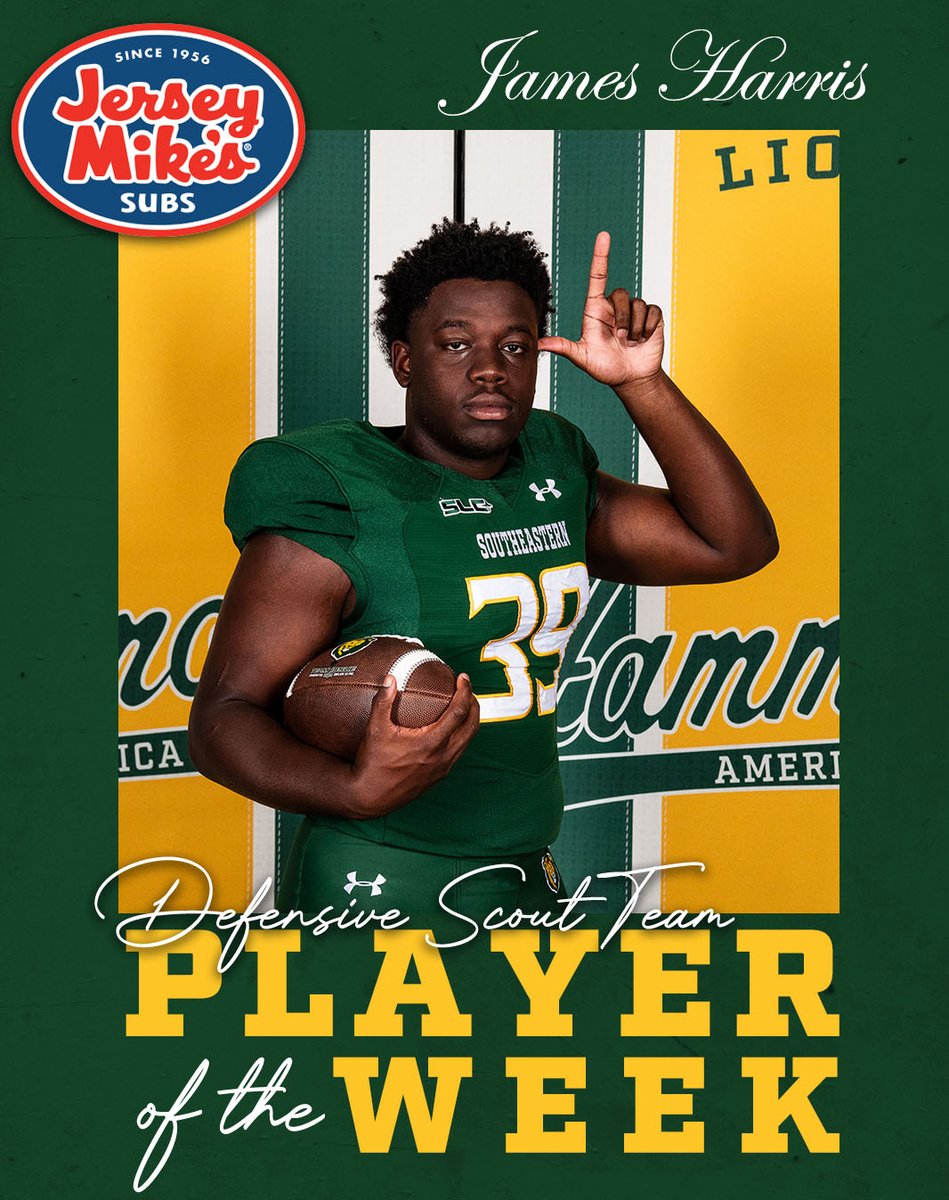 Congratulations to this week's <a href="/LionUpFootball/">Southeastern Football</a> Jersey Mike's Defensive Scout Team Player of the Week James Harris!

#LionUp | #DoMore