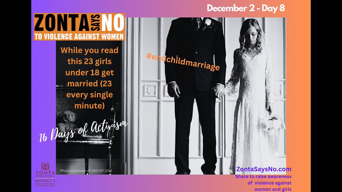 While you read this 23 girls under 18 get married (23 every single minute)
#ZontaD4 #ZontaSaysNO
<a href="/ZontaD4/">Zonta District 4</a> @ZontaSaysNO <a href="/ZontaIntl/">Zonta International</a>