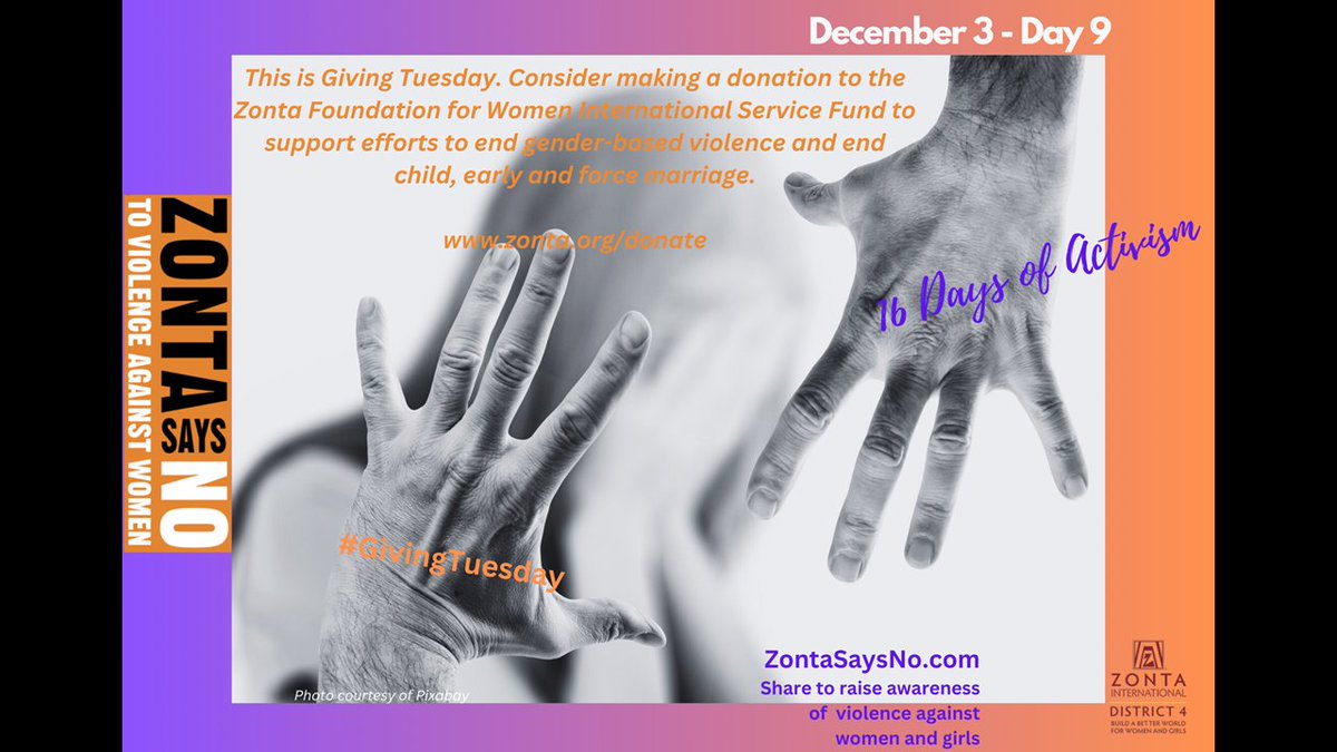 Today is #GivingTuesday, donate to the Zonta Foundation for Women to support Zonta’s International service projects and help us end violence against women and girls. zonta.org/donate.
#ZontaD4 #ZontaSaysNO
<a href="/ZontaD4/">Zonta District 4</a> @ZontaSaysNO <a href="/ZontaIntl/">Zonta International</a>