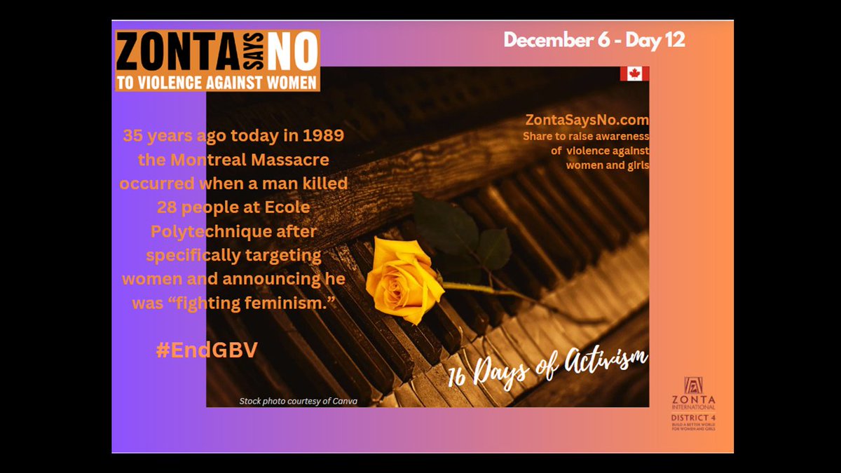 35 years ago today in 1989 the Montreal Massacre occurred when a man killed 28 people at Ecole Polytechnique after specifically targeting women and announcing he was “fighting feminism.”
#ZontaD4 #ZontaSaysNO
<a href="/ZontaD4/">Zonta District 4</a> @ZontaSaysNO <a href="/ZontaIntl/">Zonta International</a>