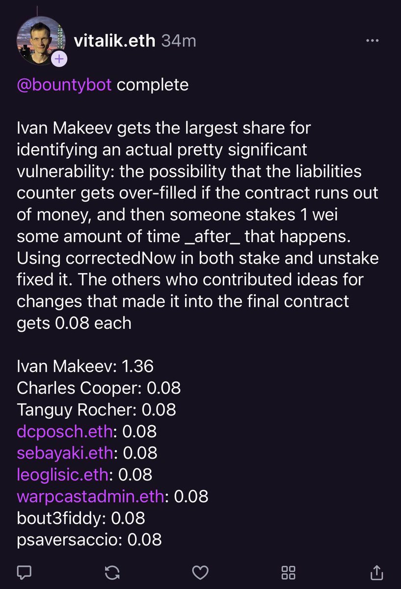 fiddy (@fiddyresearch) on Twitter photo warpcast.com/vitalik.eth/0x…
<a href="/CurveFinance/">Curve Finance</a> and <a href="/vyperlang/">Vyper</a> core devs, <a href="/chain_security/">ChainSecurity</a> <a href="/pcaversaccio/">sudo rm -rf --no-preserve-root /</a> and vyper community members raking in some moolah from <a href="/VitalikButerin/">vitalik.eth</a>’s <a href="/bountycaster/">Bountycaster</a> Vyper bounty I see.
You will need to pry those 0.08 eth from my cold dead hands. warpcast.com/vitalik.eth/0x…
<a href="/CurveFinance/">Curve Finance</a> and <a href="/vyperlang/">Vyper</a> core devs, <a href="/chain_security/">ChainSecurity</a> <a href="/pcaversaccio/">sudo rm -rf --no-preserve-root /</a> and vyper community members raking in some moolah from <a href="/VitalikButerin/">vitalik.eth</a>’s <a href="/bountycaster/">Bountycaster</a> Vyper bounty I see.
You will need to pry those 0.08 eth from my cold dead hands.