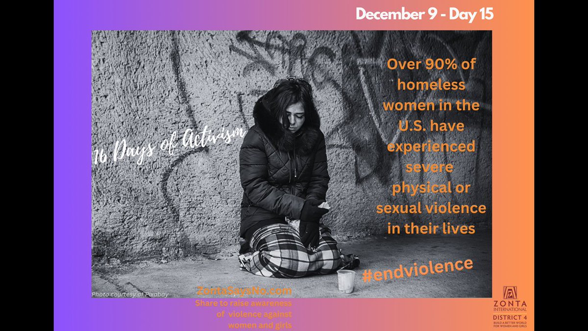 Over 90% of homeless women in the U.S. have experienced severe
physical or sexual violence in their lives
#ZontaD4 #ZontaSaysNO
<a href="/ZontaD4/">Zonta District 4</a> @ZontaSaysNO <a href="/ZontaIntl/">Zonta International</a>