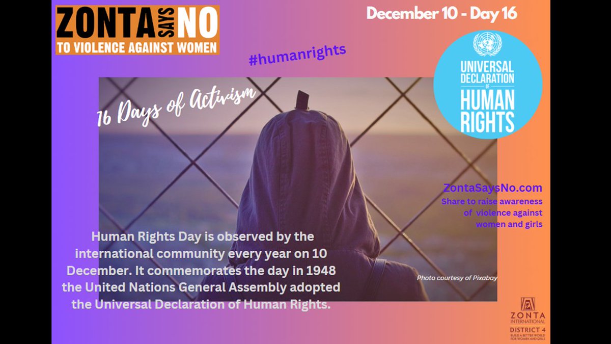 The Universal Declaration of Human Rights sets out a broad range of fundamental rights and freedoms to which all of us are entitled.
#ZontaD4 #ZontaSaysNO
<a href="/ZontaD4/">Zonta District 4</a> @ZontaSaysNO <a href="/ZontaIntl/">Zonta International</a>