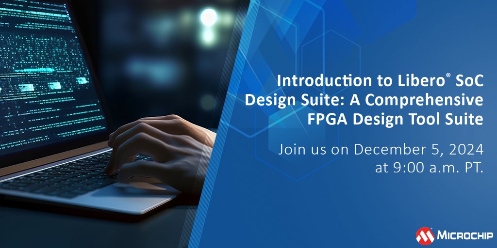 MicrochipTech's tweet photo. Discover the full potential of the Libero® SoC Design Suite. We’ll cover how to apply design constraints using the centralized constraints manager GUI, run synthesis and program your FPGA designs efficiently. Register now: https://t.co/QNTocnEUhj. #FPGA #SoCDesign #LiberoSoC https://t.co/gJi6k3LZQ4