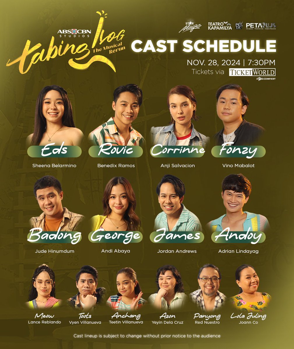 WE HEARD YOU, KABARKADA! 🫶

Here's the updated cast schedule for our November 28 (Thursday) - 7:30PM show ✨ Kitakits!

🗓️ November 8 - December 1, 2024
📍 PETA Theater Center, Quezon City
🎫 Tickets - bit.ly/TabingIlogTick… 
📞 Or contact 0915 955 4816