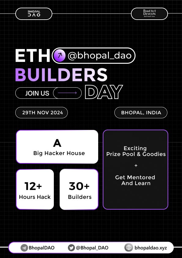 Bhopal_DAO's tweet photo. So we got something for you all 🥁

🛠️ ETH BUILDERS DAY 🛠️

- A Builder House 
- 12+ Hours of Hacking, Mentorship and Workshops
- 30 Slots Only 
- Big Prizes and Goodies(ifykyk👀)

📌 29th November in BHOPAL by @Bhopal_DAO @EFDevcon 

APPLY HERE NOW 👉 
https://t.co/Bo9aeH0jl6 https://t.co/cNdrqAqXJu
