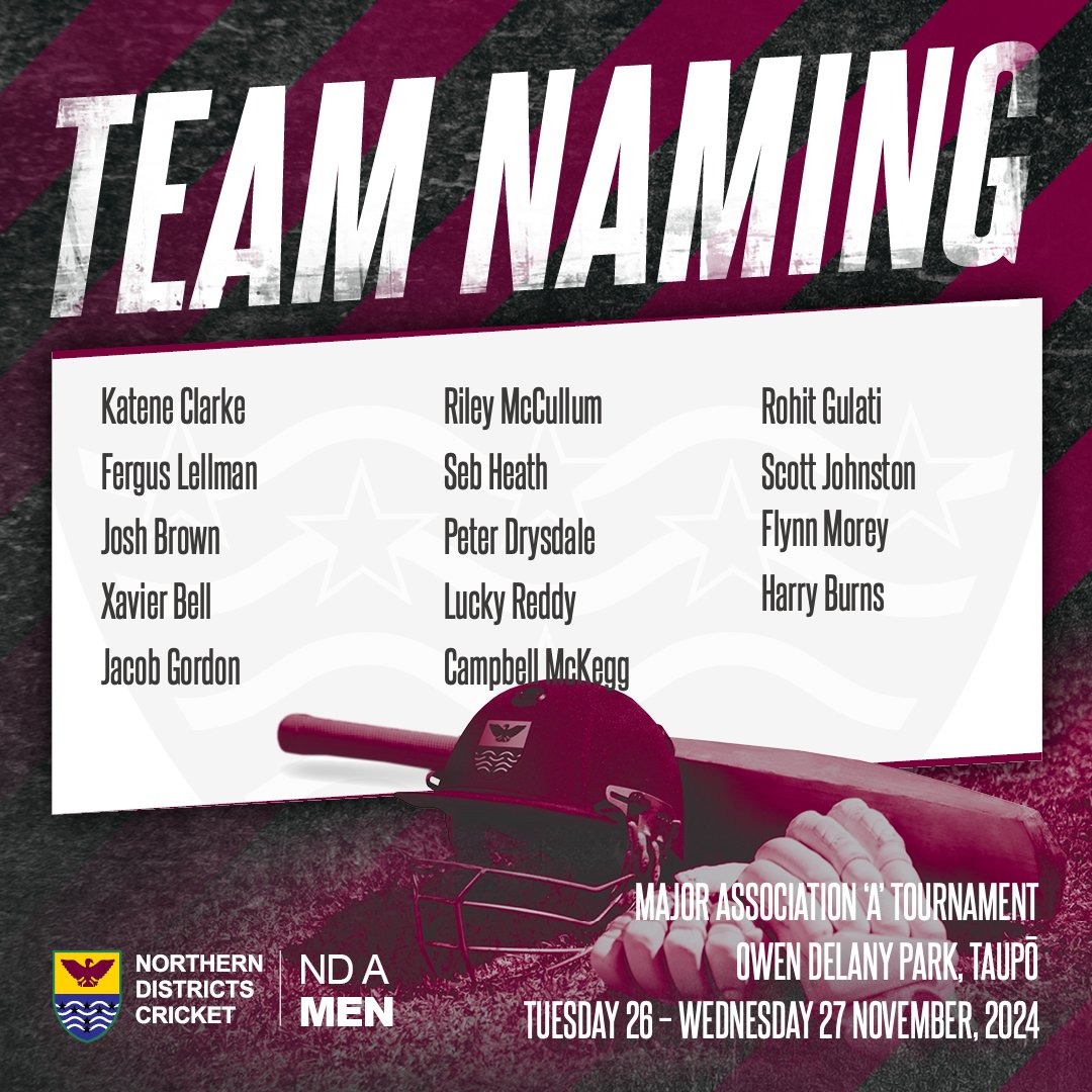 TEAM NEWS

A strong Men's 'A' squad has been named for this week's trip down to Taupō in the Major Association A tournament.

Best of luck lads!

#NDTogether