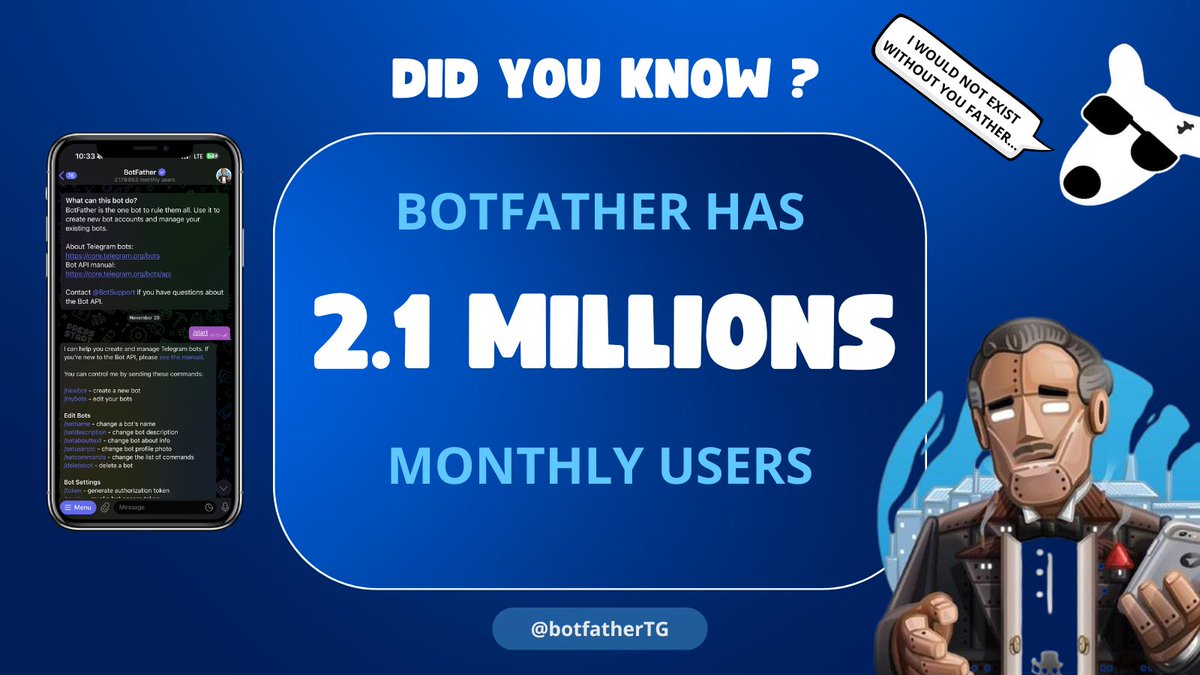 BotfatherTG's tweet photo. Did you know? 🤔
#BotFather, the go-to bot for creating and managing #Telegram bots and apps, has actually 2 179 963 monthly users!
$BOT is the core of @telegram ecosystem and @ton_blockchain https://t.co/xPbj1RWYGG