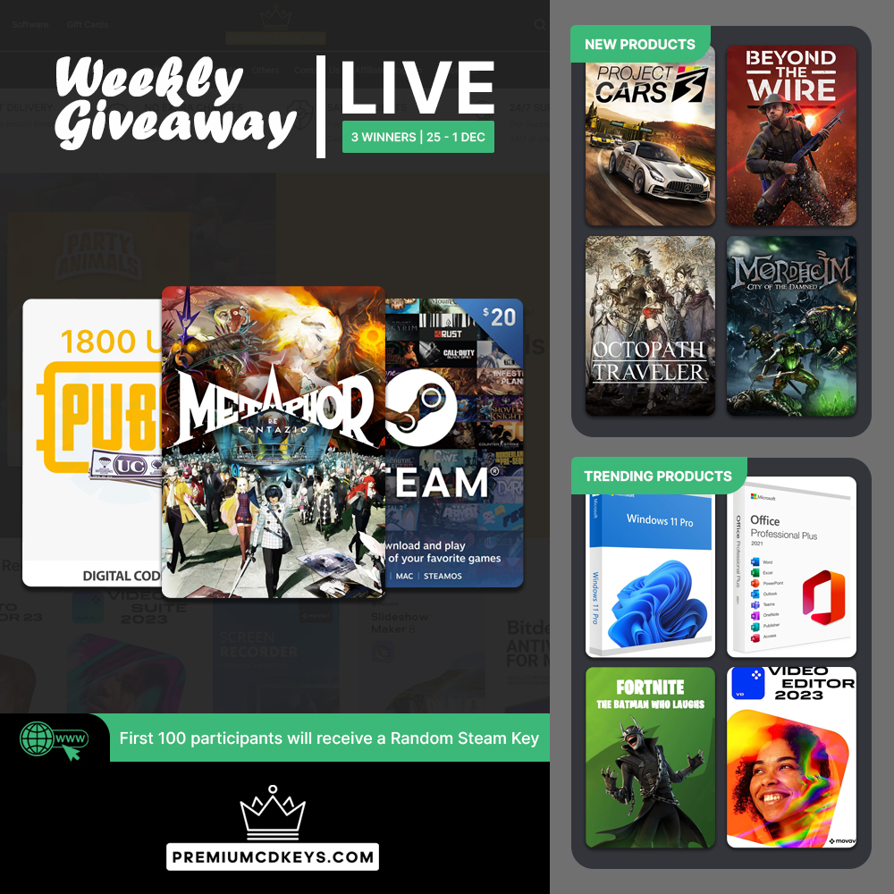 premiumcdkeys's tweet photo. Our Weekly #Giveaway is Live!

Participate for a chance to win Metaphor: ReFantazio Steam, #Steam $20 USD Gift Card and #PUBG Mobile 1800 UC Gift Card.

To participate visit: https://t.co/vZgown6XFB

#Contest ends 01 December 2024, 3 Winners will be selected randomly! #Giveaways https://t.co/3Ssi1jtbuY