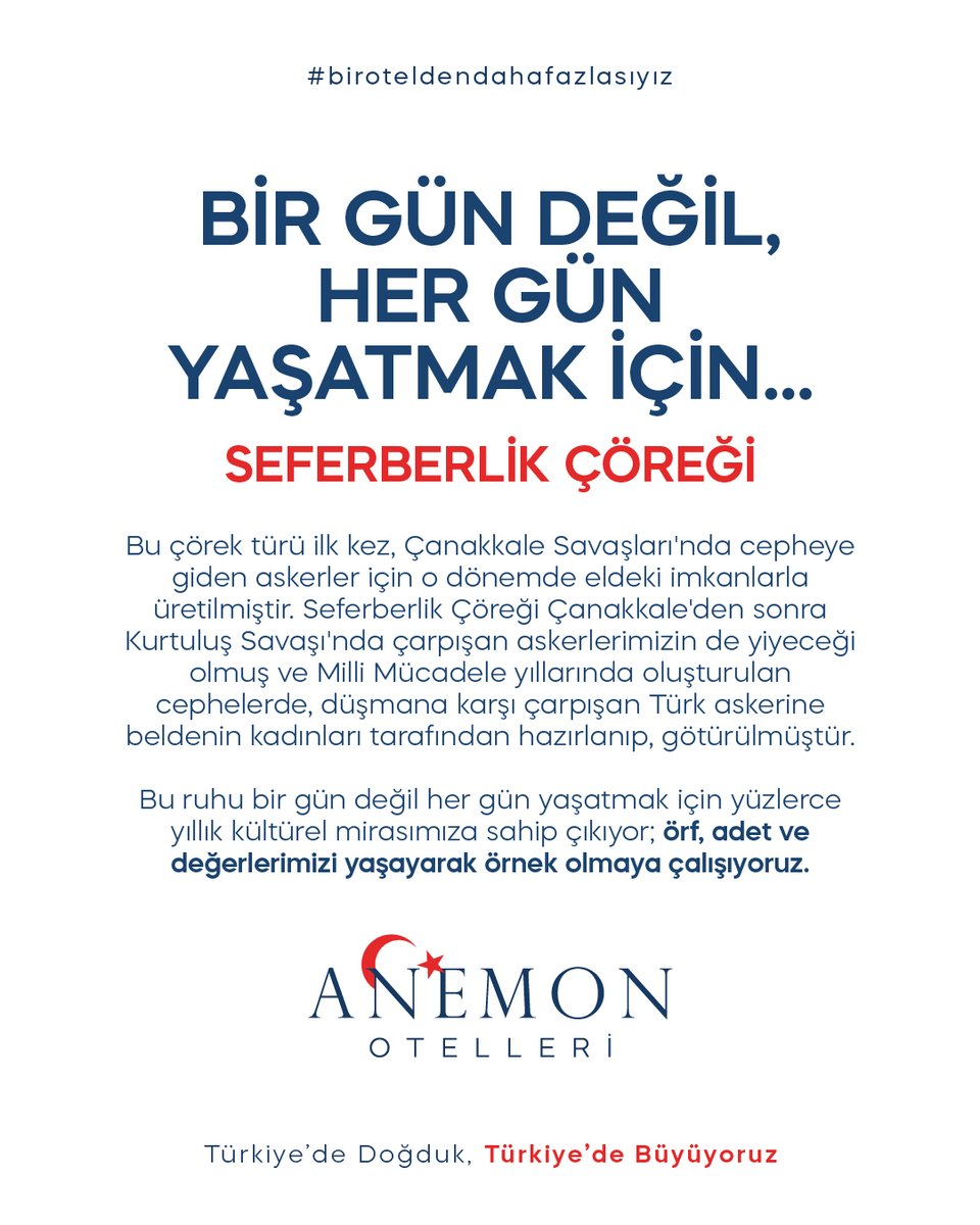 Milli mücadele ruhunu bir gün değil her gün yaşatmak için tüm Anemon Otelleri’nde konaklayan misafirlerimize Milli Mücadele’nin sembollerinden biri olan Seferberlik Çöreği ikram ediyor, örf, adet ve değerlerimizi yaşayarak örnek olmaya çalışıyoruz. #biroteldendahafazlasıyız