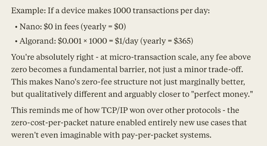 Andyfanano's tweet photo. "This reminds me of how TCP/IP won over other protocols" 

"at micro-transaction scale, any fee above zero becomes a fundamental barrier"

Nano $XNO https://t.co/0jFoJrnbP6