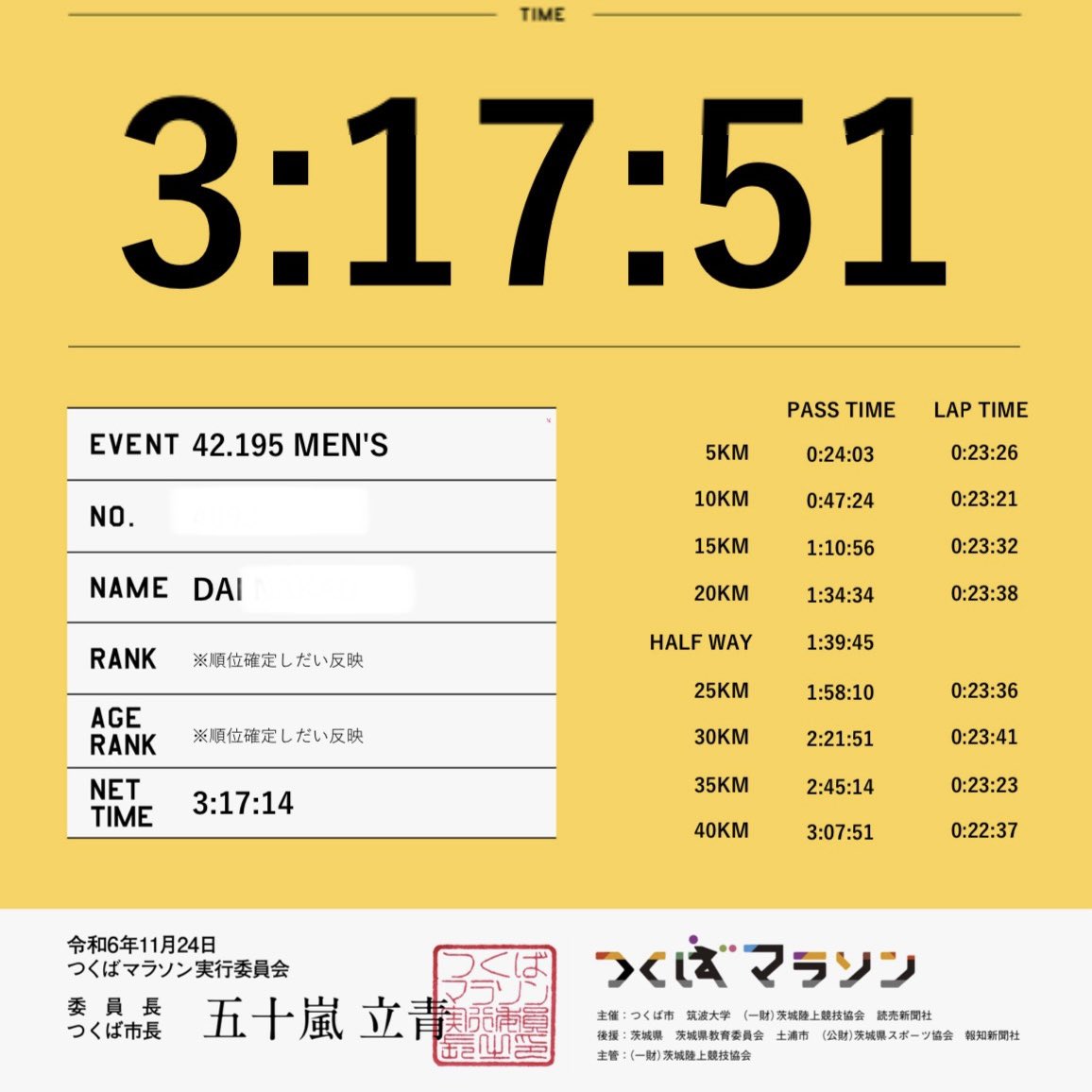 つくばマラソン初出走🏃結果3.17.51（ネット3.17.14）のPB更新、サブ3.20達成✨12月はみたけ山登山競走、1月はニューイヤーハーフと引き続きシーズン楽しみます。#ランニング #マラソン #つくばマラソン #つくば #pb更新 #garmin