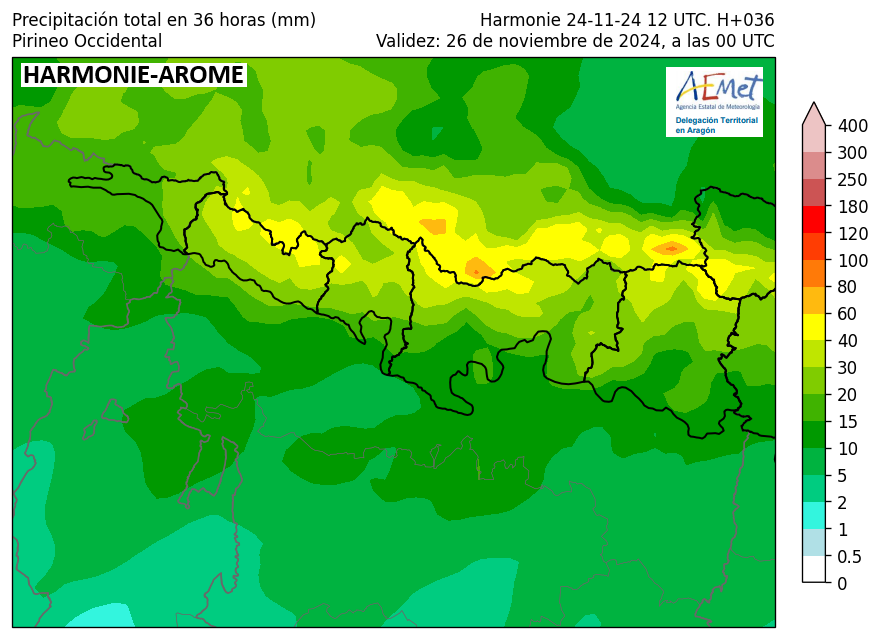 AEMET_Aragon's tweet photo. PCP previstas en 24 h por modelo Harmonie-Arome y con más detalle en #Pirineos en 36 h, ambas hasta 00 UTC del martes 26/11/24. Debajo, #cotadenieve a 12 UTC por encima de 2500 m⬇️al final del día trás el paso frontal. Actualiza predicción montaña https://t.co/ij2iKCzKTb https://t.co/uNXWXGQR6l