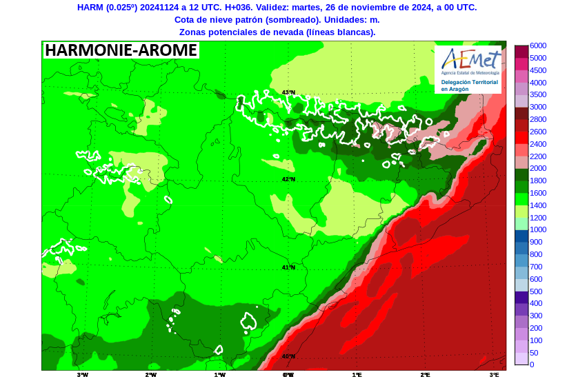 AEMET_Aragon's tweet photo. PCP previstas en 24 h por modelo Harmonie-Arome y con más detalle en #Pirineos en 36 h, ambas hasta 00 UTC del martes 26/11/24. Debajo, #cotadenieve a 12 UTC por encima de 2500 m⬇️al final del día trás el paso frontal. Actualiza predicción montaña https://t.co/ij2iKCzKTb https://t.co/uNXWXGQR6l