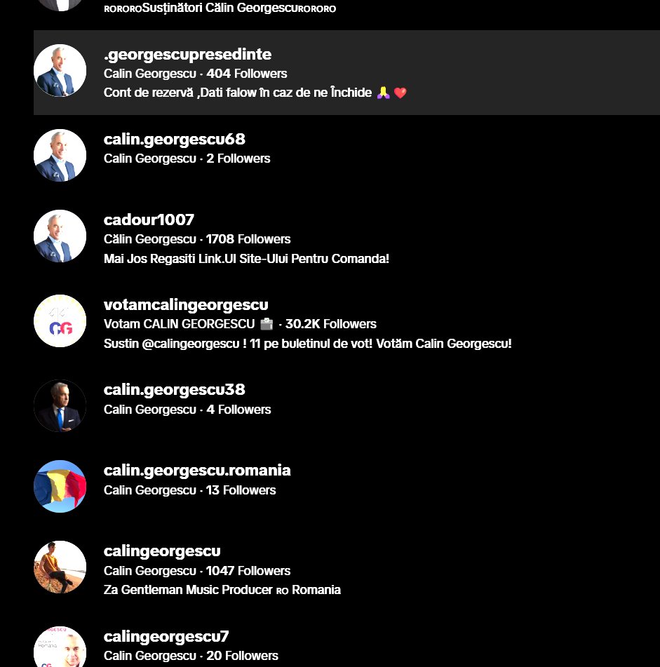 If you were wondering how elections can be influenced. This is a bot farm that spawned an unknown candidate from Romania and placed him in the top to everyone's surprise. This is how a tik tok bot farm looks like:
tiktok.com/search/user?q=…

#alegeriprezidenţiale2024