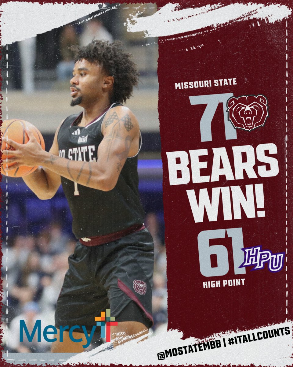 MoStateMBB's tweet photo. BEARS WIN!!!
Missouri State 71, Hight Point 61
Vincent Brady career high 27 https://t.co/4sKMpxumRG