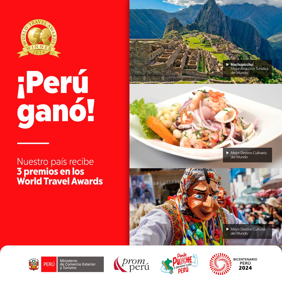 MINCETUR's tweet photo. 📢¡Gran noticia! 
Perú 🇵🇪 ha logrado ganar tres importantes reconocimientos en los World Travel Awards 2024, los premios más importantes de turismo en el mundo. 👏

Fuimos galardonados como Mejor Destino Culinario del Mundo, Mejor Destino Cultural del Mundo y #Machupicchu como Mejor Atractivo Turístico del Mundo.

¡Celebra, Perú! 🎉🇵🇪