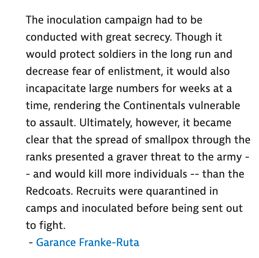 Since we are all, unbelievably, debating the value of vaccines, some history: America's victory in the Revolutionary War rested in part on George Washington's decision to inoculate the Continental Army against smallpox. From my review of 2002 book "Pox Americana."