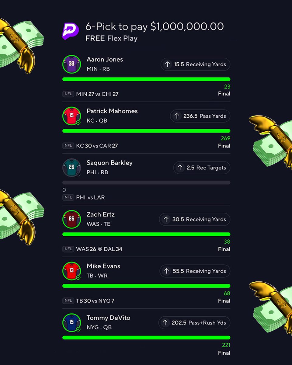 PrizePicks (@prizepicks) on Twitter photo Janelle (<a href="/PrizePicks/">PrizePicks</a> community member) ONLY NEEDS 2.5 REC TARGETS from BARKLEY in #SNF to WIN $1,000,000 TONIGHT 💰
To CELEBRATE we are giving out 4-PICK POWER FREE LINEUPS to win up to $1,000 to 30x random winners 🤑
HOW TO ENTER:
✅ Follow us <a href="/PrizePicks/">PrizePicks</a>
👍 Like + RT this Janelle (<a href="/PrizePicks/">PrizePicks</a> community member) ONLY NEEDS 2.5 REC TARGETS from BARKLEY in #SNF to WIN $1,000,000 TONIGHT 💰
To CELEBRATE we are giving out 4-PICK POWER FREE LINEUPS to win up to $1,000 to 30x random winners 🤑
HOW TO ENTER:
✅ Follow us <a href="/PrizePicks/">PrizePicks</a>
👍 Like + RT this
